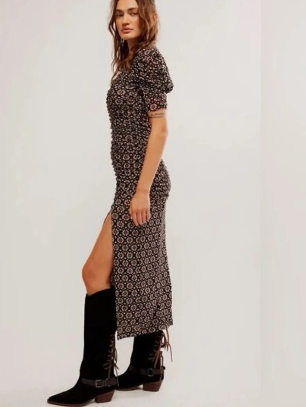 Free People Briella Midi Dress - Black with Cream Print (Flaw) - Picture 3 of 6